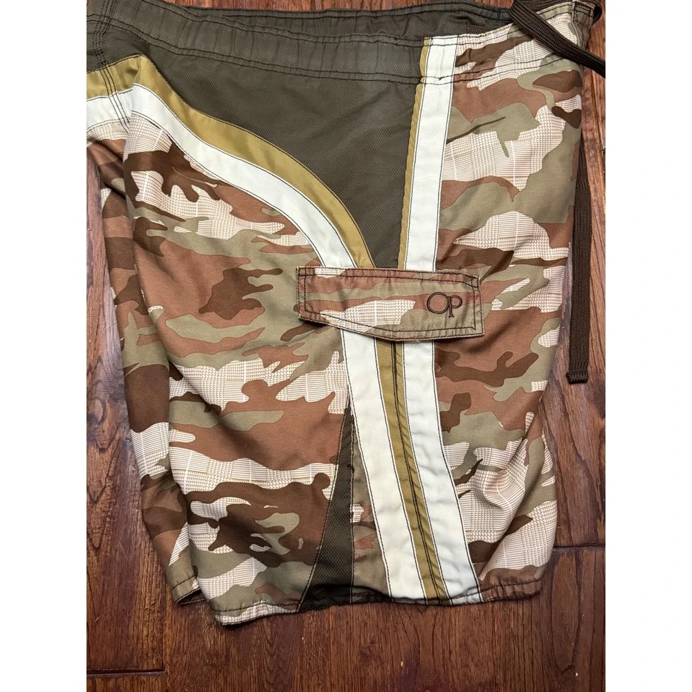 OP‎ Ocean Pacific Mens Camo Board Shorts Brown Tan White Stripe Swim Trunks  M